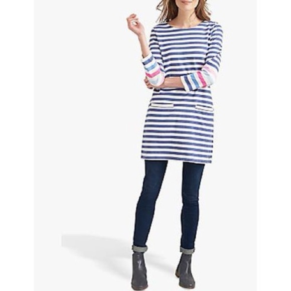 Joules Quinn Striped Boat Neck Cotton Tunic Knit 3/4 Sleeve Pocket Dress 12 - Picture 1 of 11